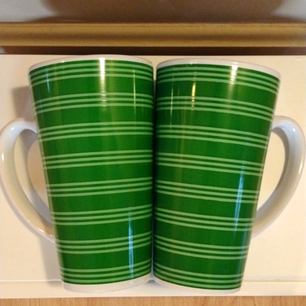 California Pantry Two Green Striped Latte 16 Oz. Mugs NWOT 2023